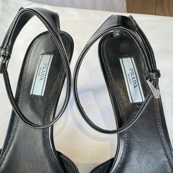 Prada Slingback Stiletto Ankle Strap Logo Accent Black Pointed Toe Leather 37.5 - Picture 8 of 14